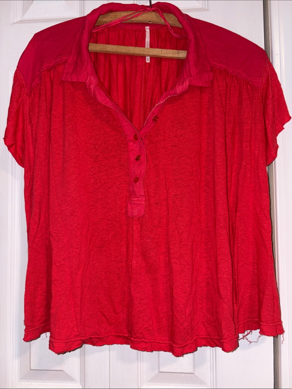 Free People Women's Short-Sleeve Red Button Polo Blouse